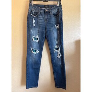 Judy Blue Skinny Fit Stretch Jeans Womens 11/30 Green Blue Flannel Distressed